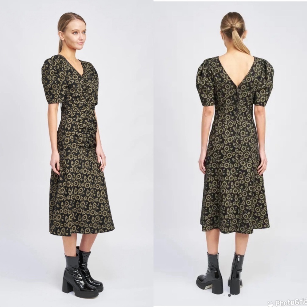En Saison Floral Puff Sleeve Stretch Cotton Midi Dress